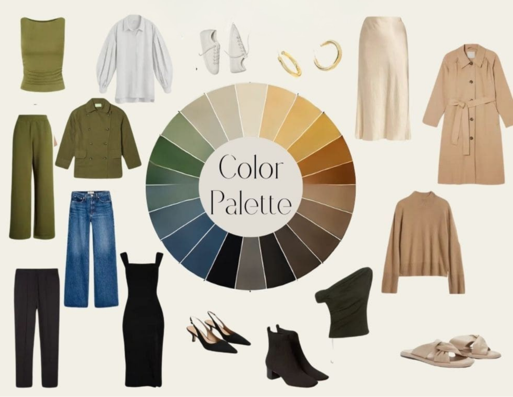 A capsule wardrobe mood board featuring a central circular color wheel labeled "Color Palette." The wheel displays muted shades of olive green, denim blue, black, gray, and various earthy tones of beige and brown. Surrounding the wheel are individual clothing items and accessories that match the palette, including an olive-green top, a white button-down blouse, a khaki double-breasted jacket, wide-leg trousers, blue jeans, a black slip dress, black slingback heels, black ankle boots, a cream-colored satin skirt, a tan trench coat, a beige sweater, and beige twist-strap slide sandals.