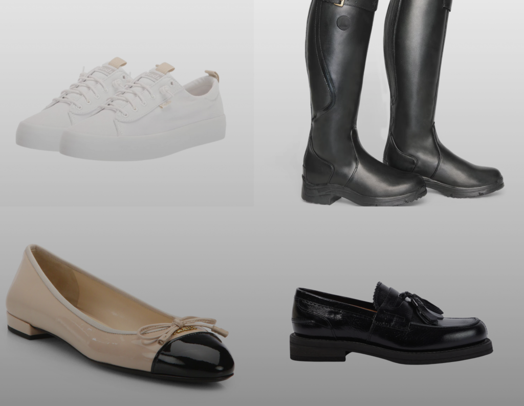 A grid layout showing four different styles of footwear against a gradient gray background. Top left: A pair of white canvas lace-up sneakers. Top right: A pair of tall, black leather riding boots. Bottom left: A pair of beige patent-leather ballet flats with black contrast toe caps and small bow details. Bottom right: A pair of black leather loafer shoes with decorative tassels.