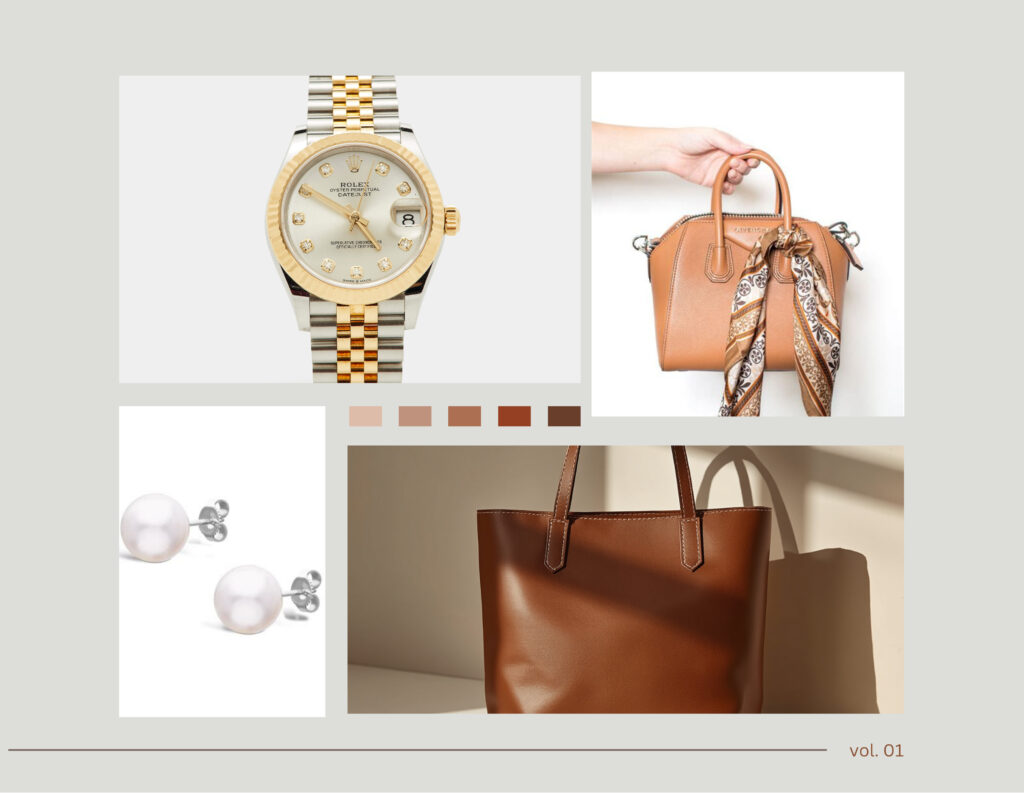A collage of elegant accessories on a light gray background with a small earthy color palette strip. Top left: A close-up of a silver and gold Rolex Datejust watch with a white face and diamond hour markers. Top right: A hand holding a structured tan leather handbag adorned with a patterned brown silk scarf tied around the handle. Bottom left: A pair of classic white pearl stud earrings with silver backs. Bottom right: A smooth, rich brown leather tote bag casting a shadow against a beige wall. The text "vol. 01" is printed in the bottom right corne