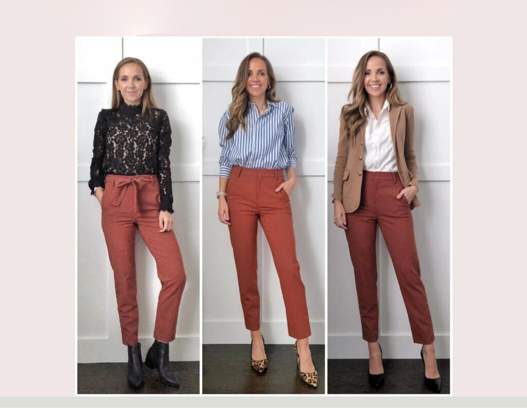 Three side-by-side photos of the same woman demonstrating different ways to style dark terracotta-colored trousers. In the left photo, she pairs them with a high-necked black lace long-sleeve top and black ankle boots. In the center photo, she wears them with a blue-and-white vertically striped button-up shirt and leopard-print heels. In the right photo, she styles them with a white button-up shirt, a tan blazer, and classic black pointed-toe pumps.