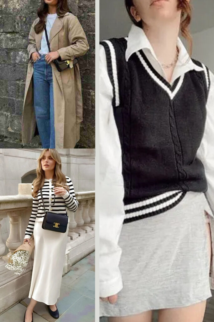 A multi-panel fashion collage displaying three different outfit inspirations. Top left: A person wearing a long khaki trench coat over a white t-shirt and classic blue jeans, carrying a black shoulder bag. Bottom left: A woman standing outside in a black-and-white striped cardigan sweater and a long cream-colored satin skirt, holding a bouquet of white flowers. Right panel: A close-up view of a person wearing a black cable-knit sweater vest with white stripe trim over a white collared shirt, paired with a light gray skirt.