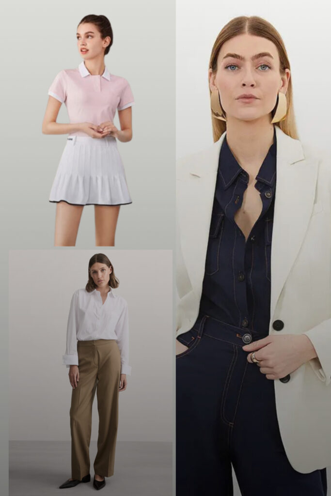 A fashion collage featuring three distinct outfits. Top left: A woman wearing a light pink polo shirt with a white collar and a white pleated tennis skirt. Bottom left: A full-length shot of a woman in an oversized white button-down shirt and wide-leg olive-brown trousers. Right panel: A close-up portrait of a woman looking directly at the camera, wearing large sculptural gold earrings, a structured white blazer, and a dark navy denim button-up shirt.