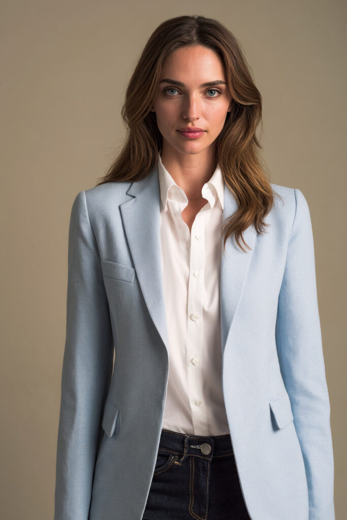 A medium studio portrait of a woman with long, wavy brown hair looking forward against a plain beige background. She is wearing a tailored, light pastel-blue blazer over a crisp white button-up shirt, paired with dark blue denim jeans.