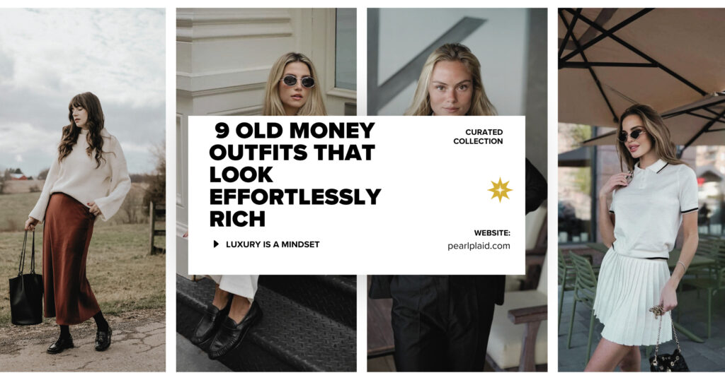 9 old money outfits mood board featuring women in elegant neutral sweaters, silk skirts, blazers, and tennis skirts. Text overlay reads "9 Old Money Outfits That Look Effortlessly Rich" and "Luxury is a Mindset". Minimalist quiet luxury aesthetic.