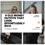 9 old money outfits mood board featuring women in elegant neutral sweaters, silk skirts, blazers, and tennis skirts. Text overlay reads "9 Old Money Outfits That Look Effortlessly Rich" and "Luxury is a Mindset". Minimalist quiet luxury aesthetic.