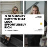 9 old money outfits mood board featuring women in elegant neutral sweaters, silk skirts, blazers, and tennis skirts. Text overlay reads "9 Old Money Outfits That Look Effortlessly Rich" and "Luxury is a Mindset". Minimalist quiet luxury aesthetic.